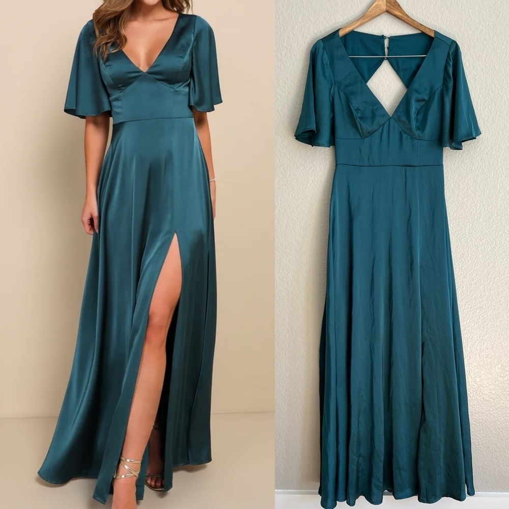 Elegant Confidence Teal Satin Flutter Sleeve Cutout Maxi Dress